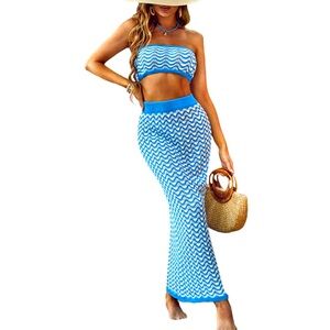 Women's Crochet Tube Top & Maxi Skirt Cover-Up Set | Pastel Blue/White | Size: S